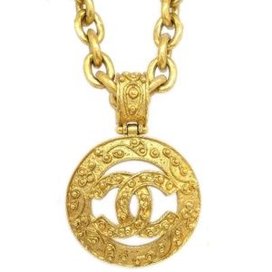 CHANEL Gold Plated CC Logo Medallion Chain Necklace Vintage